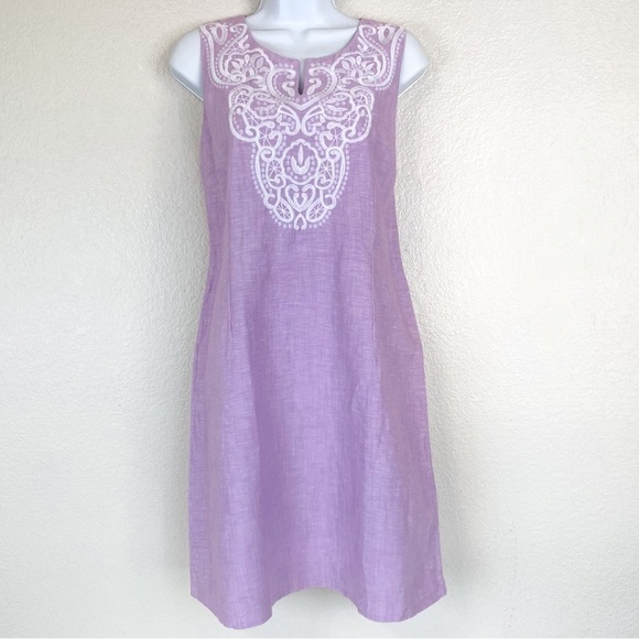 Talbots Lavender Linen Embroidered Shift Dress Size 12P - Picture 2 of 8